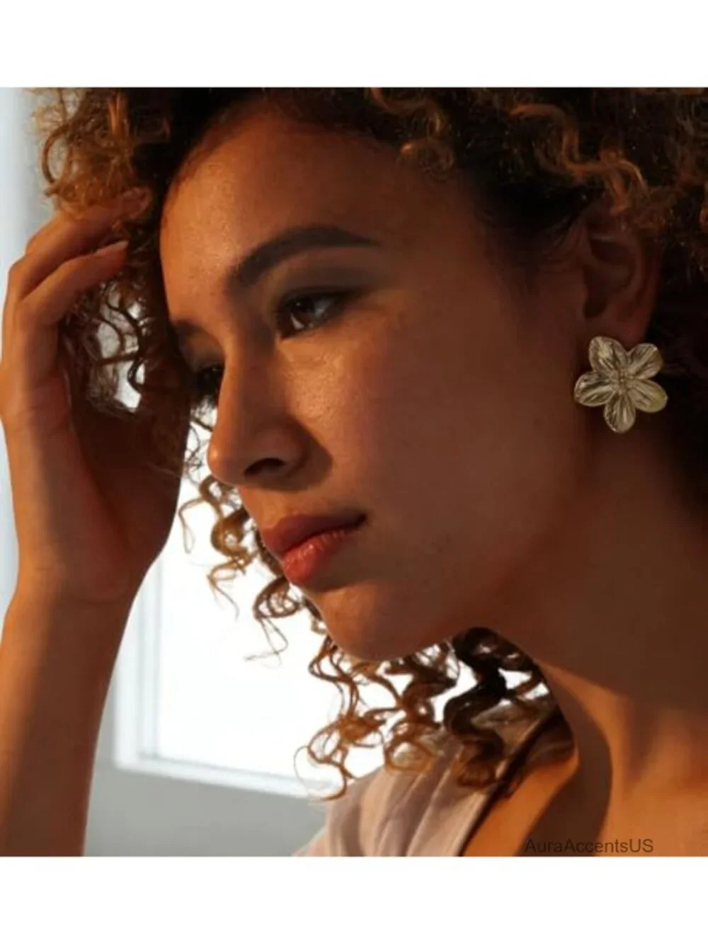 Chunky Gold Leaf Flower Dangle Earrings, Hypoallergenic Metal Statement Jewelry